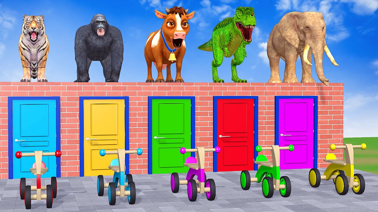 Long Slide Game With Cow Elephant Gorilla Hippopotamus Tiger - 3d Animal Game - Funny 3d Animals