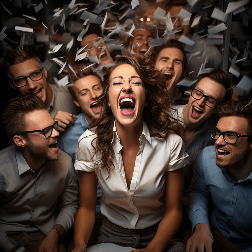 a high end female supermodel teacher surrounded by a bunch of laughing male nerds