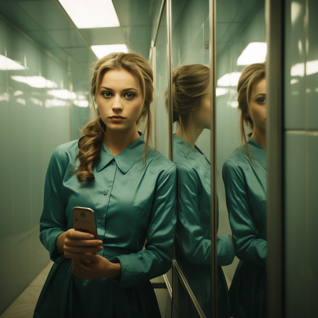 female models taking selfies in bathroom mirror
