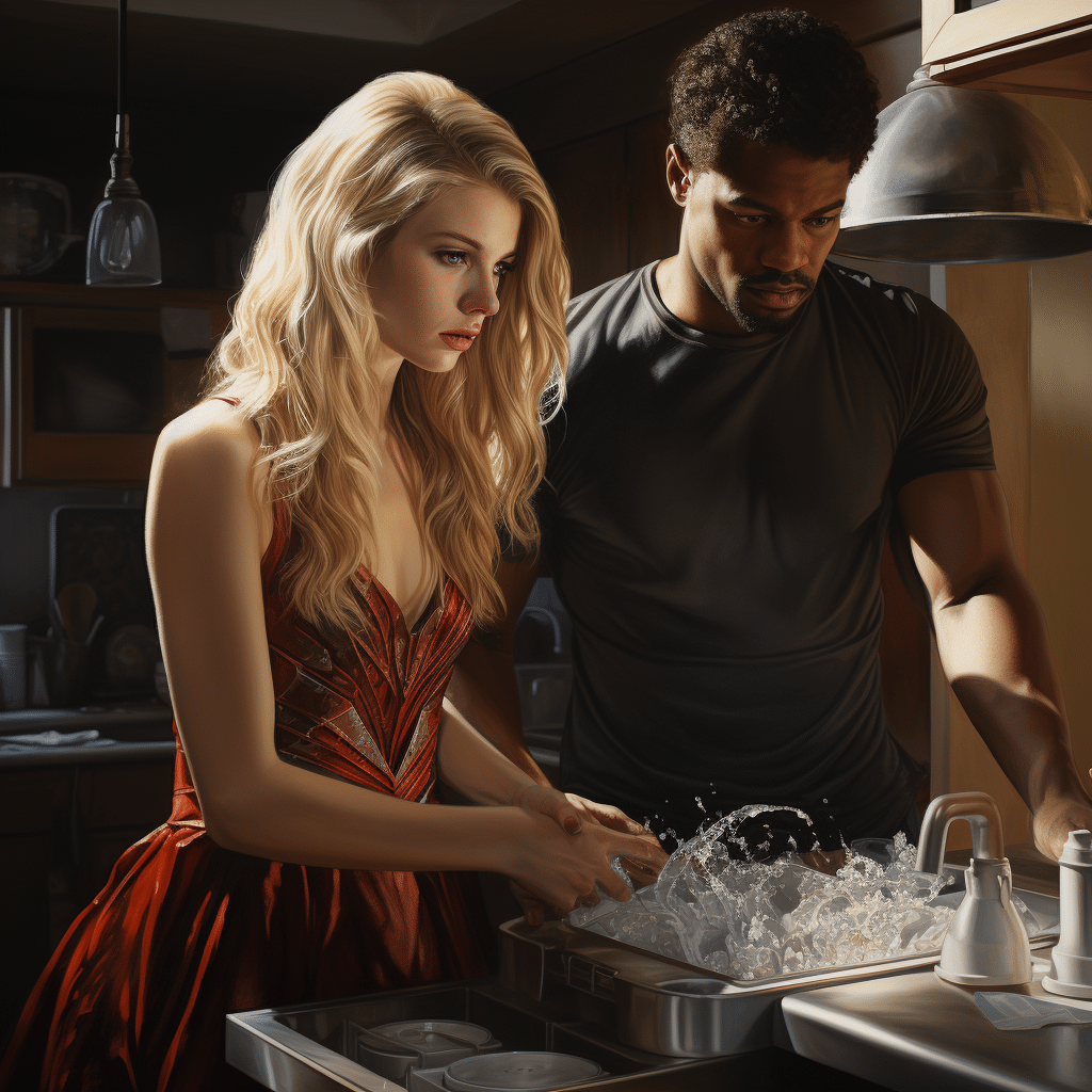 supermodel blonde female doing dishes with black man